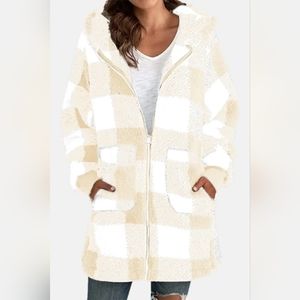 Double Take Designer White and Tan Full Size Plaid Long Sleeve Hooded Coat